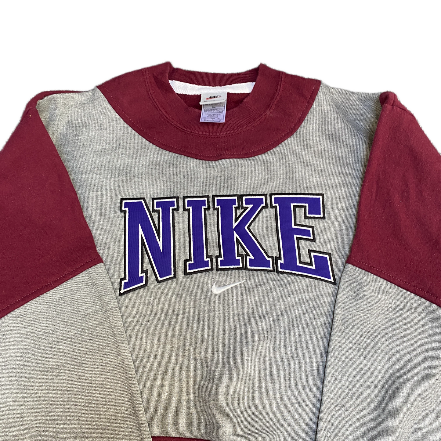 Nike Reworked Sweatshirt Mens M Grey Burgundy Embroidered Spellout Logo Vtg Y2K