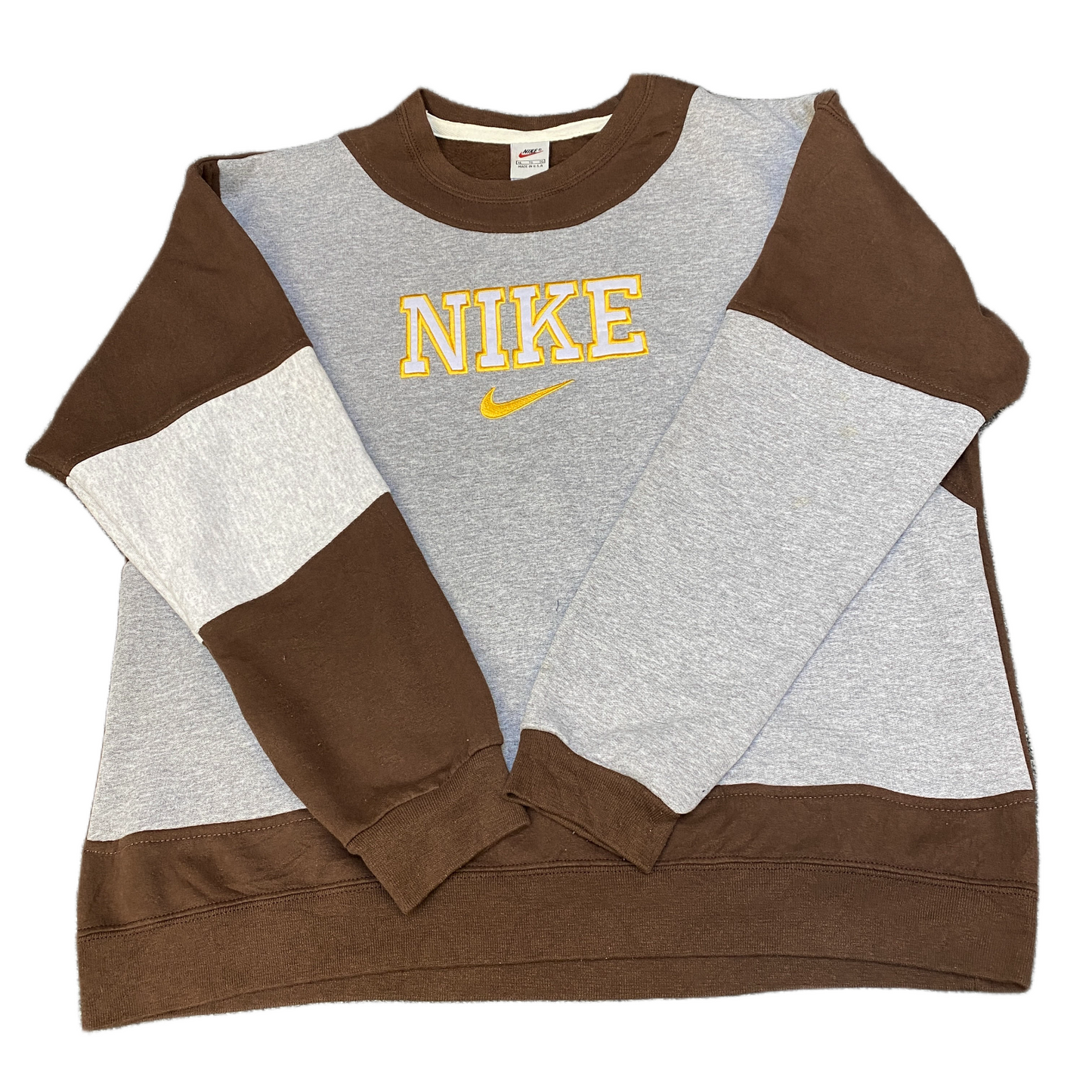Nike Reworked Sweatshirt Mens XL Brown Grey Embroidered Spellout Logo Vtg Y2K