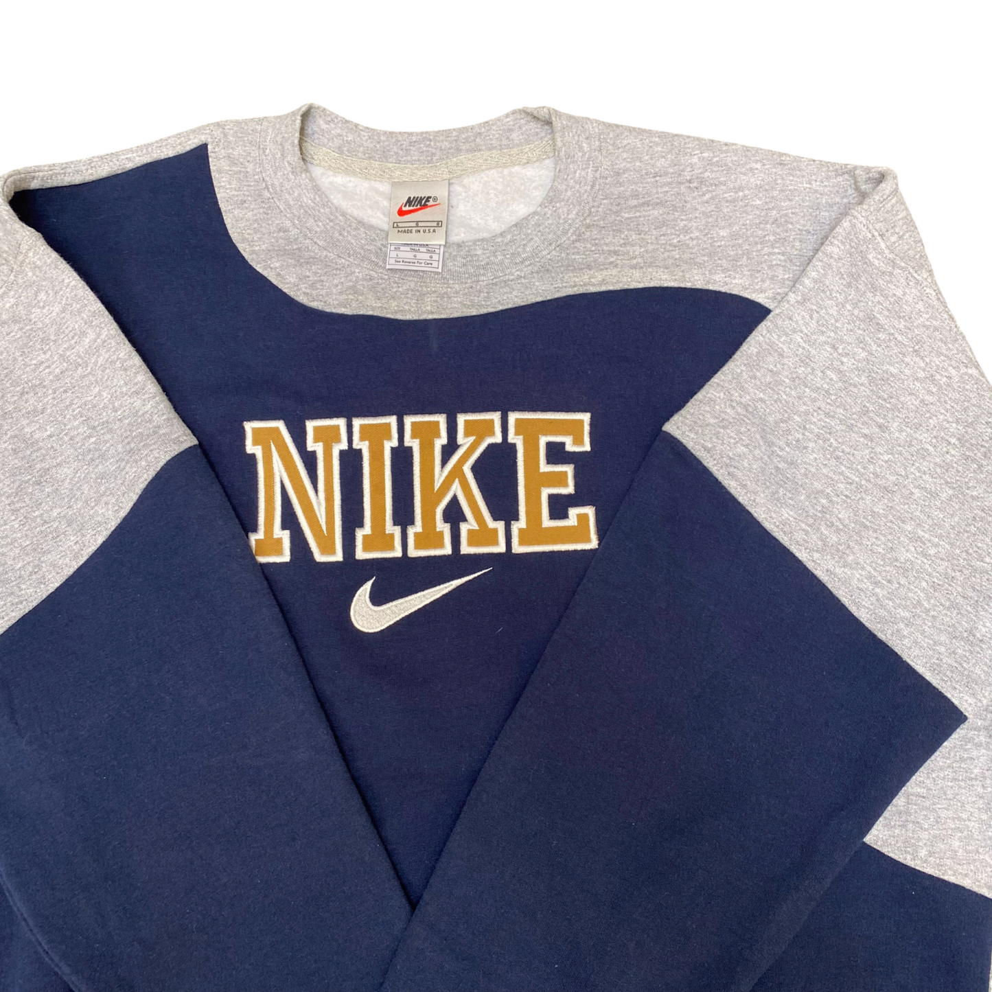 Nike Reworked Sweatshirt Mens L Blue Grey Embroidered Spell Out Logo Crew Neck