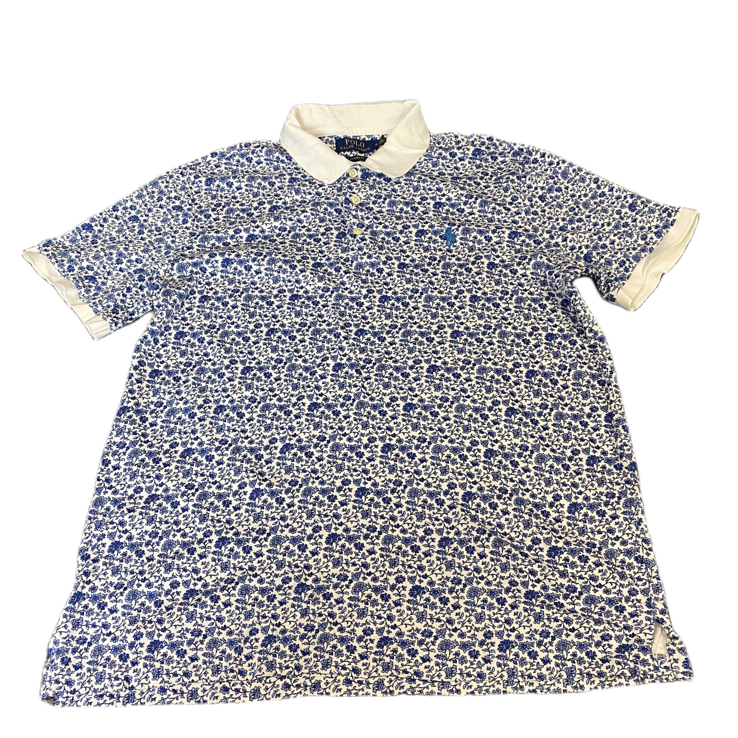 Ralph Lauren Polo Shirt Men S White Blue Floral Classic Fit Short Sleeve Popover