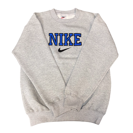 Nike Reworked Sweatshirt Mens Small Grey Embroidered Spellout Logo Vintage Y2K
