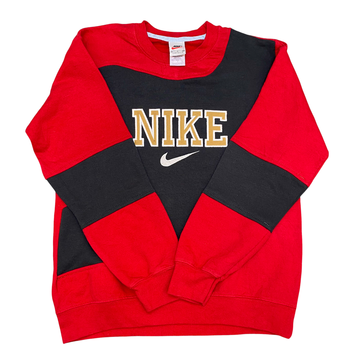 Nike Reworked Sweatshirt Mens S Red Black Embroidered Spellout Logo Crew Neck