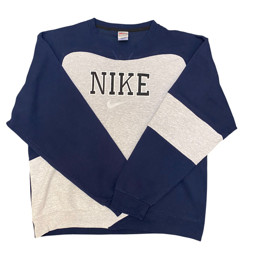 Nike Reworked Sweatshirt Mens L Blue Grey Embroidered Spellout Logo Crew Neck