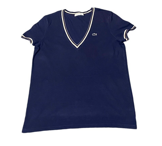 Lacoste Tee Shirt Top Women's Medium Blue Knitted Crocodile Logo V Neck Pullover