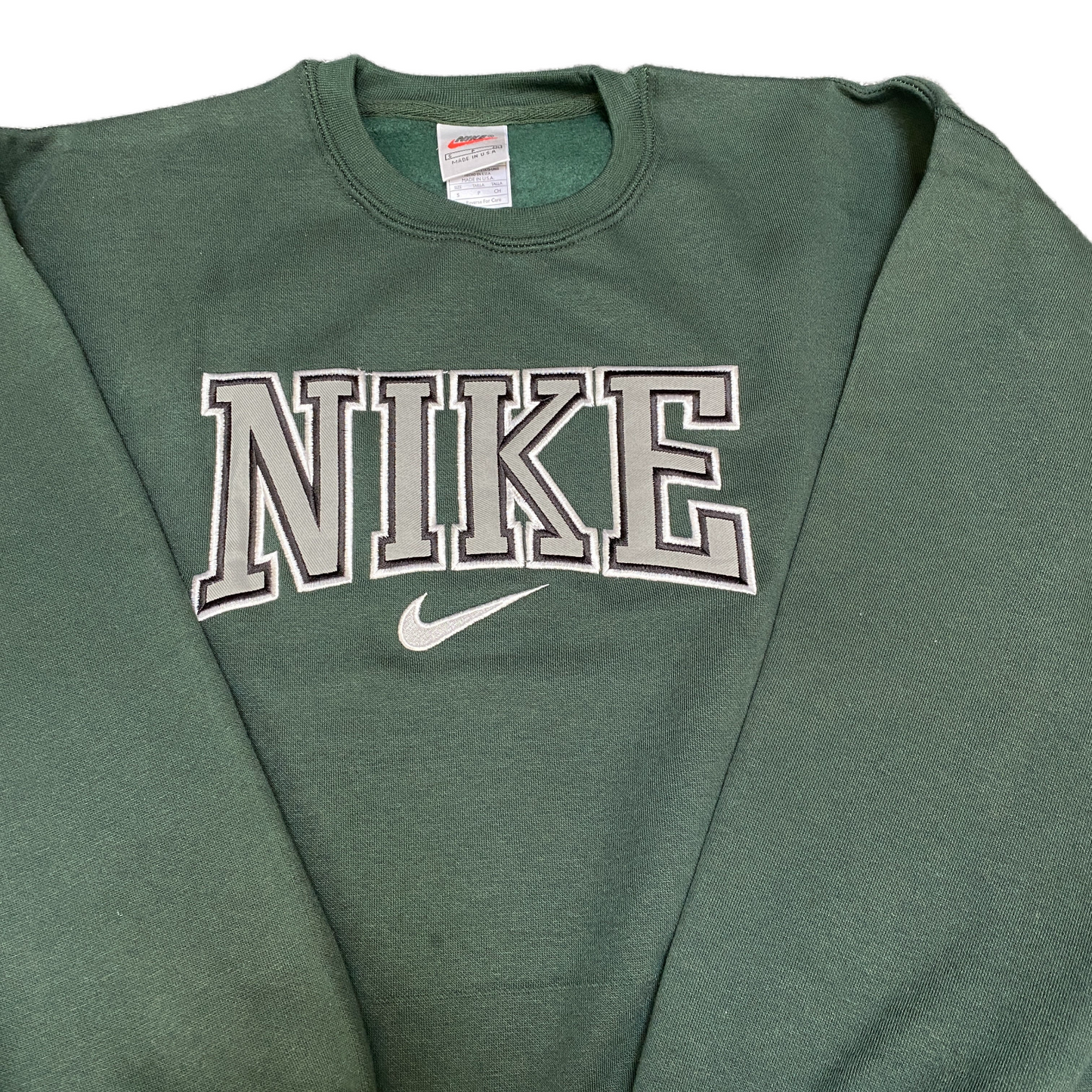Nike Reworked Sweatshirt Mens Small Green Embroidered Spellout Logo Vintage Y2K