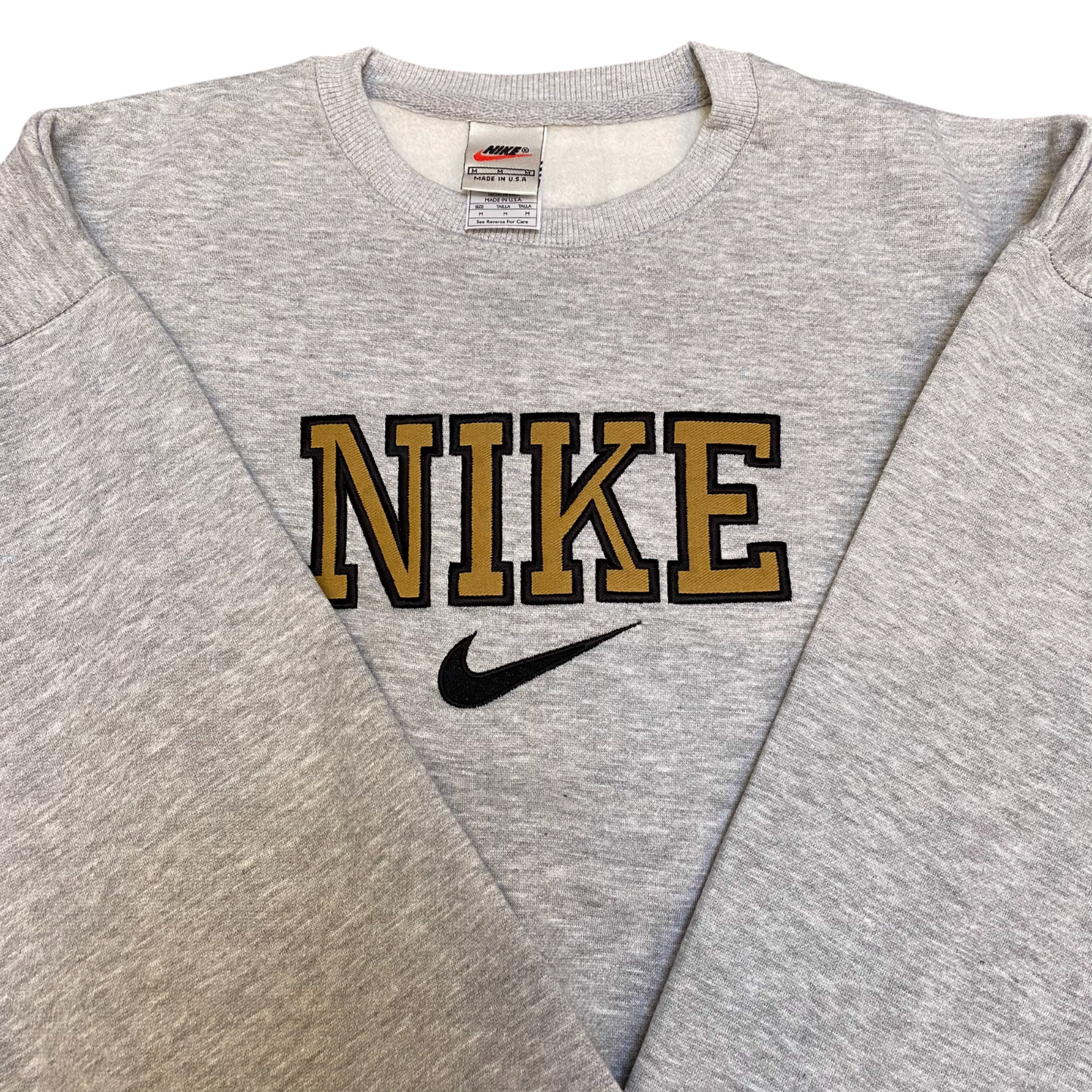 Nike Reworked Sweatshirt Mens Medium Grey Embroidered Spellout Logo Crew Neck