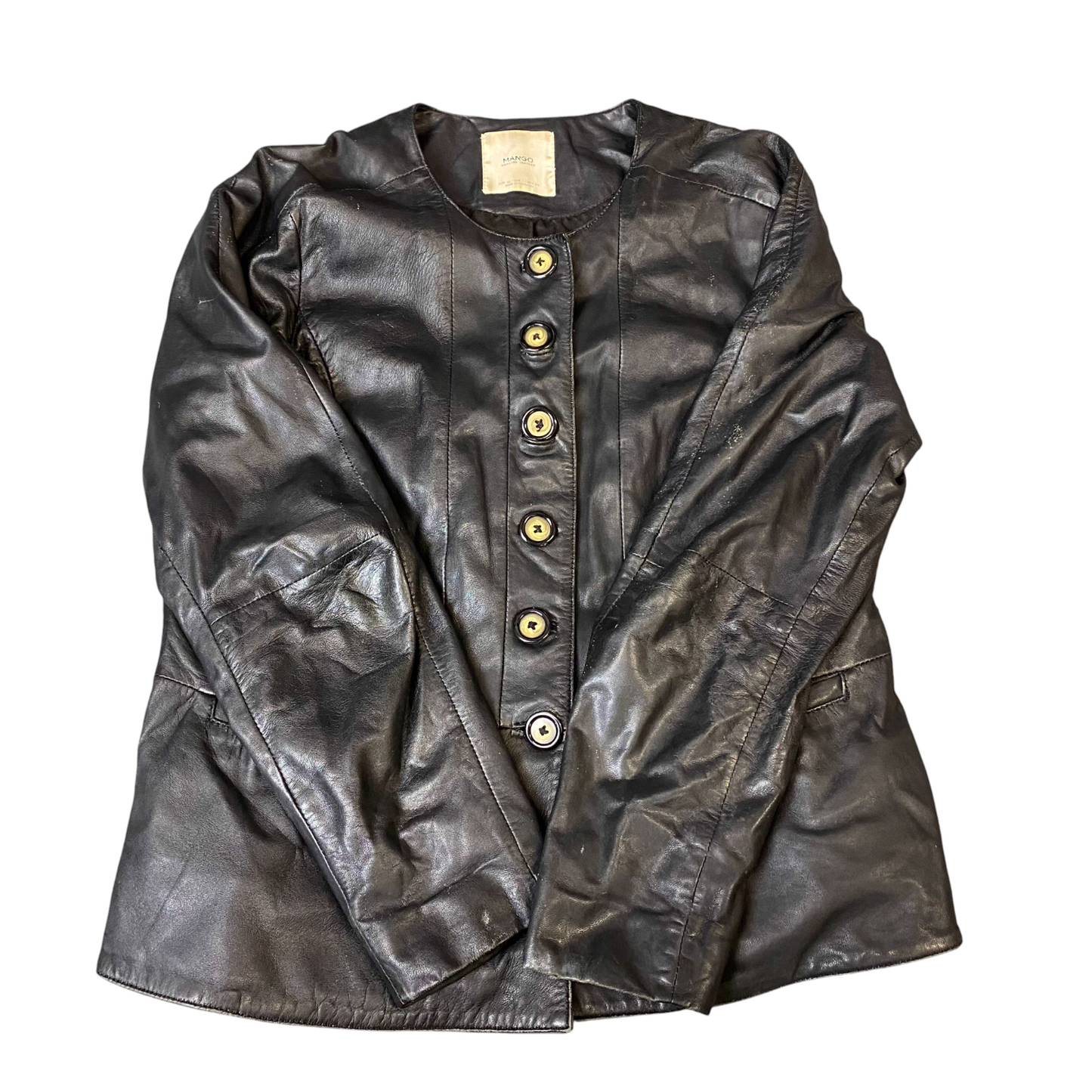 Mango Genuine Leather Jacket Womens Medium Black Lined Long Sleeve Button Front
