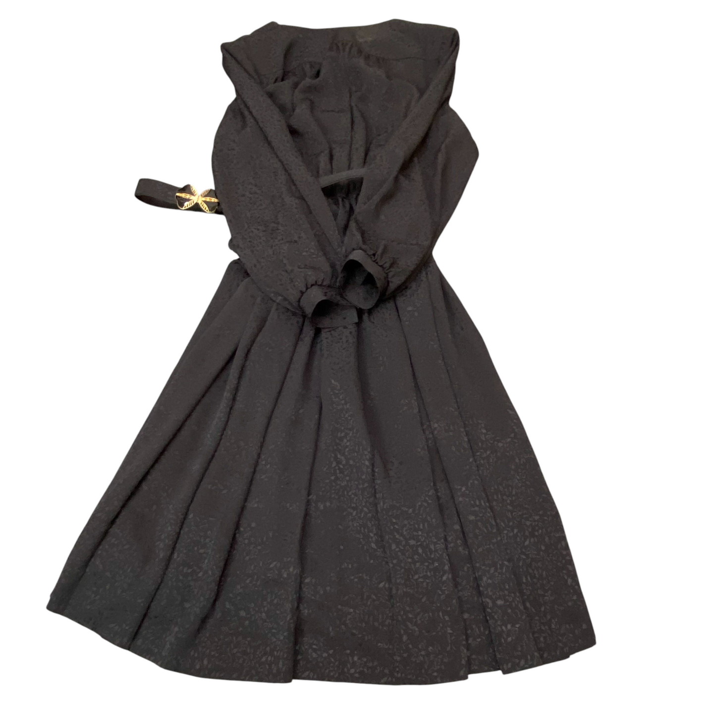 A-Line Cocktail Dress Womens S Black Floral Pleated Long Sleeve V-Neck Pullover