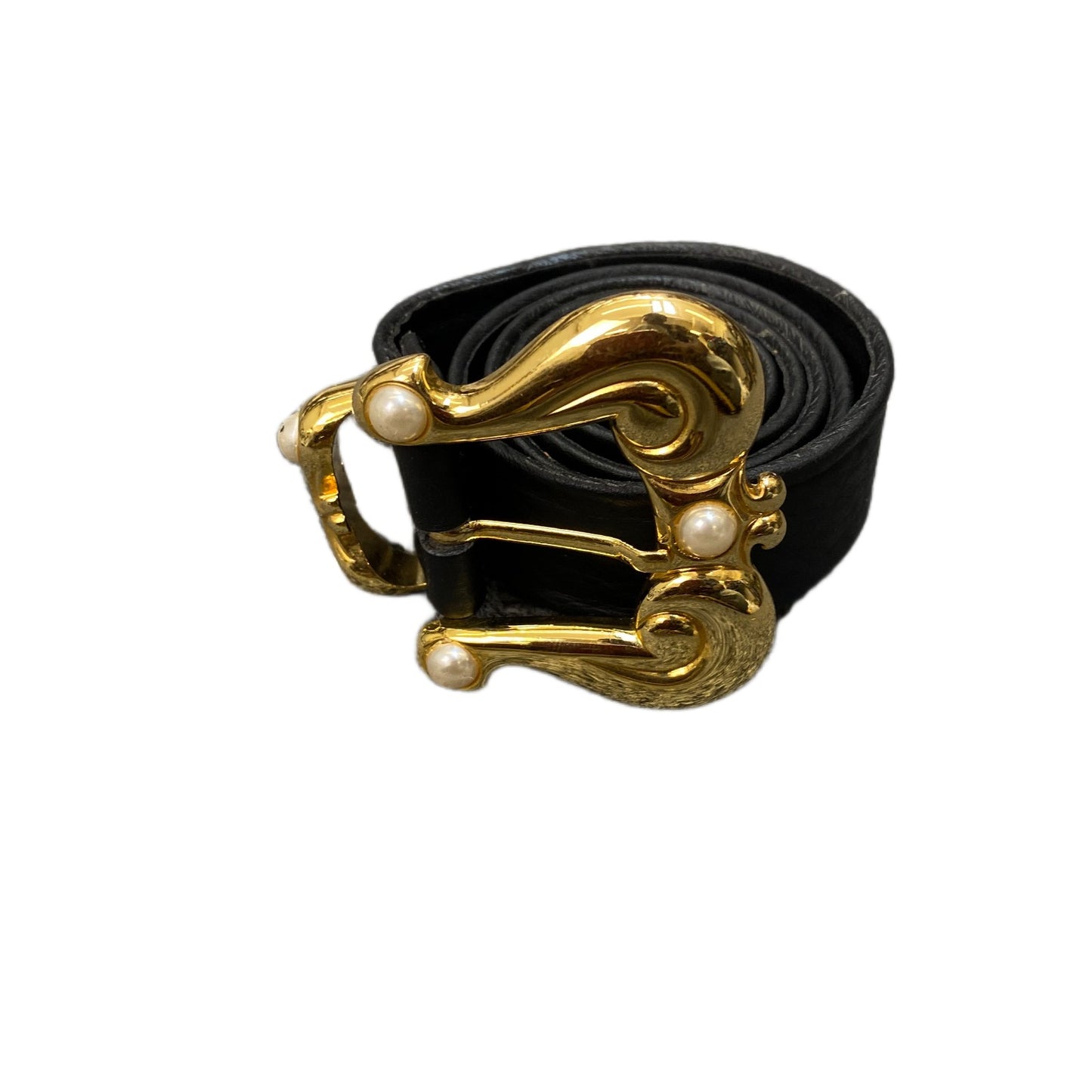 Waist Belt Black Womens Leather White Pearl Stone Gold Tone Buckle 31 Inches