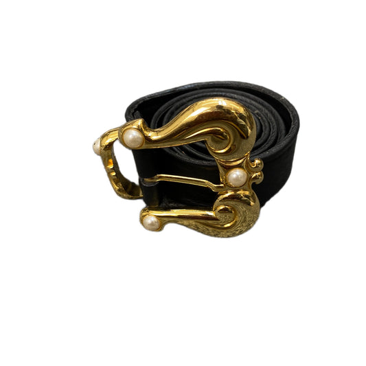 Waist Belt Black Womens Leather White Pearl Stone Gold Tone Buckle 31 Inches