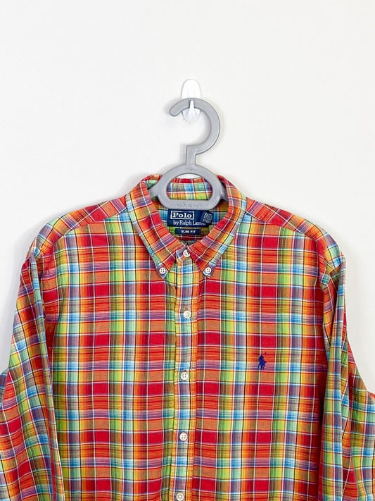 Ralph Lauren Shirt Mens Medium Multi Plaid Slim Fit Blue Small Polo Pony Logo