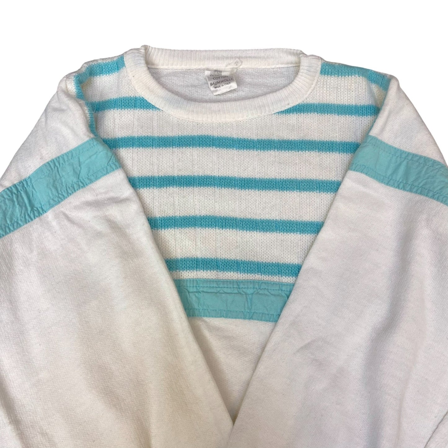 Sweatshirt Womens Medium White Blue Striped Long Sleeve Crew Neck Pullover