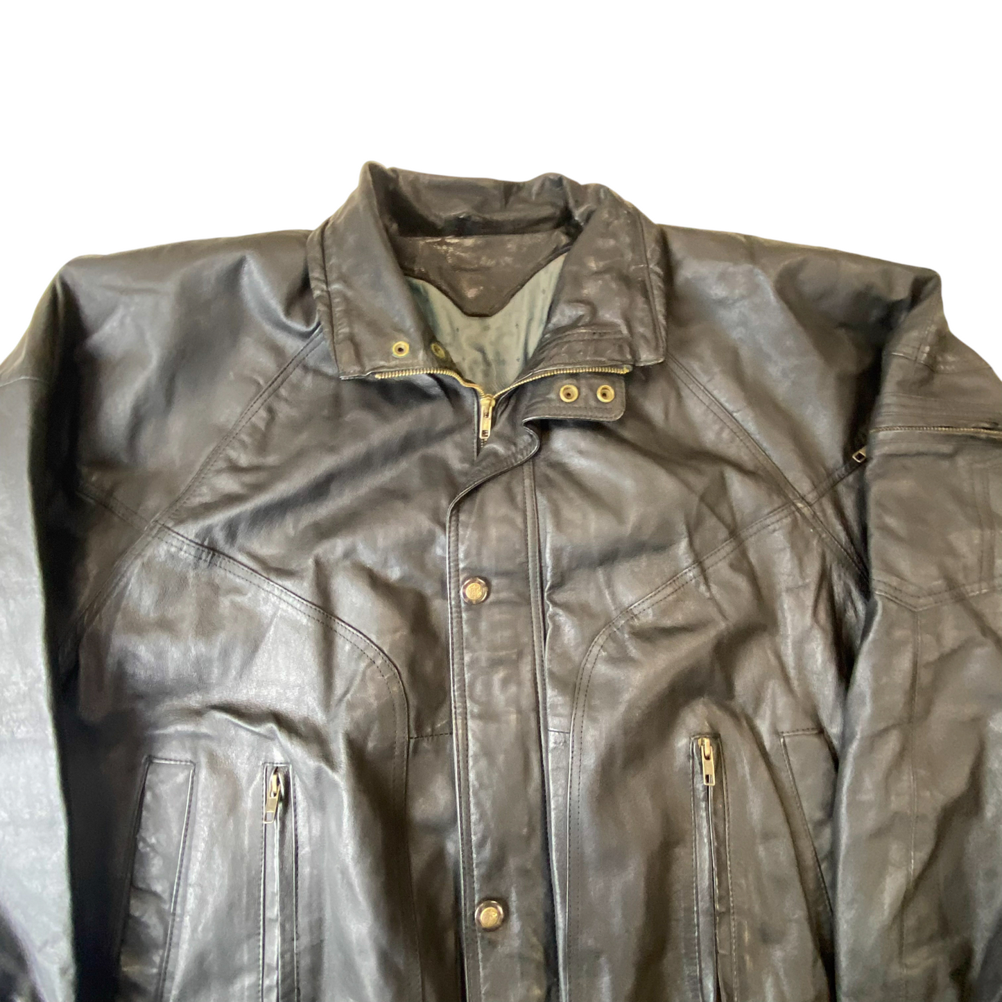 Mens Real Leather Jacket XL Black Lined Snap Button Inside Zip Elasticated Hem