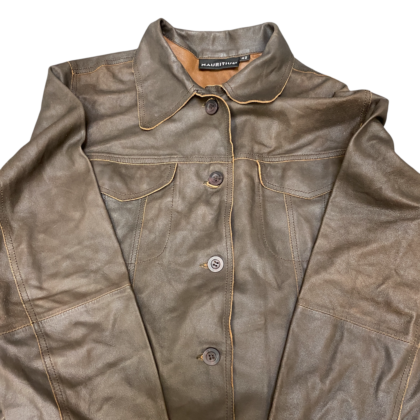 Mauritius Genuine Leather Biker Jacket Women's M Brown Long Sleeve Button Front
