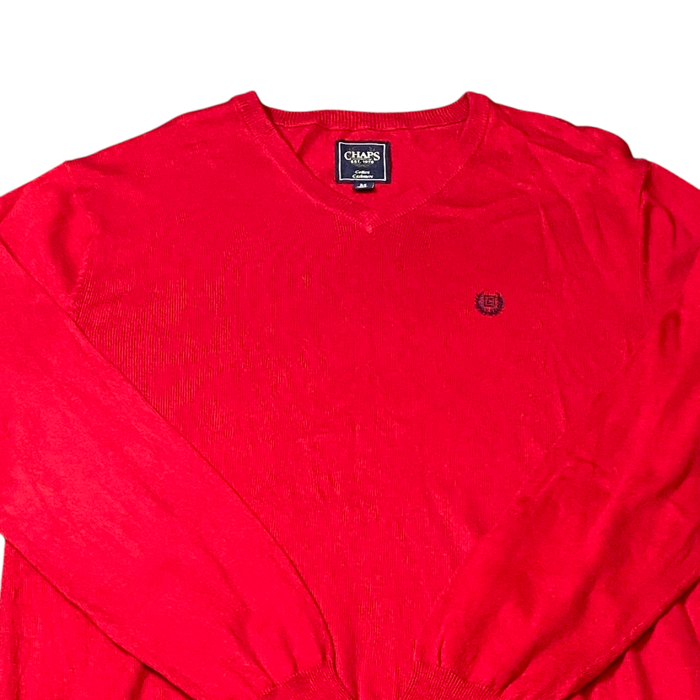 Chaps Gauge Jumper Mens Medium Red Cashmere Ribbed Hem & Cuff V Neck Pullover