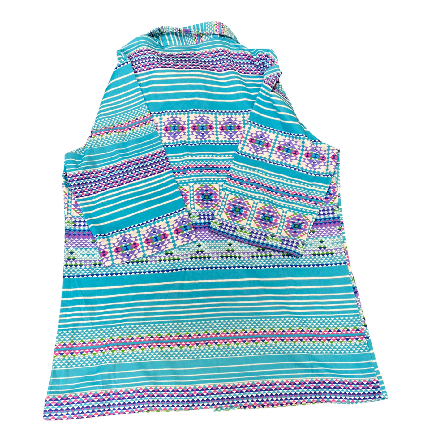 Shirt Top Womens M Blue Aztec Print Casual Short Sleeve Collared Button Front