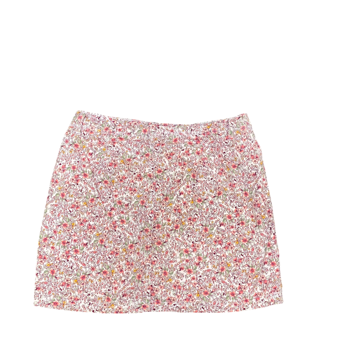 Womens Mini Skirt L Pink Ditsy Floral Flat Front Pockets Light Wash Modern