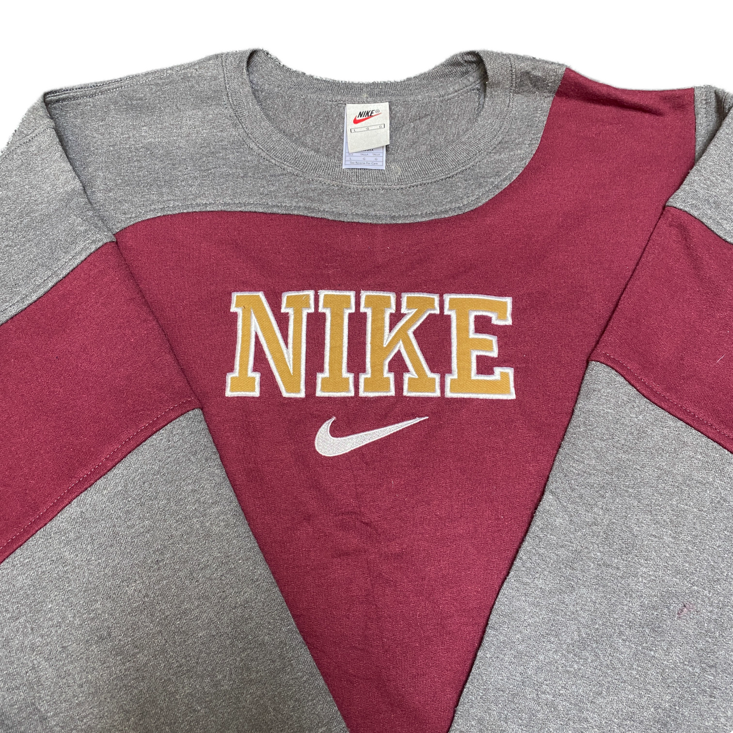 Nike Reworked Sweatshirt Men L Grey Maroon Embroidered Spellout Logo Vintage Y2K