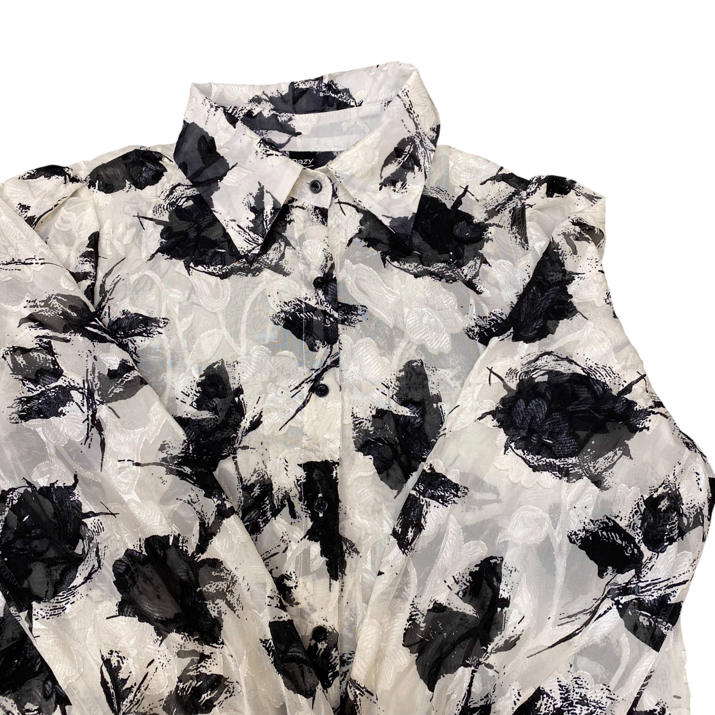 Shirt Top Womens L White Black Floral Long Sleeve Collared Button Down Outdoor