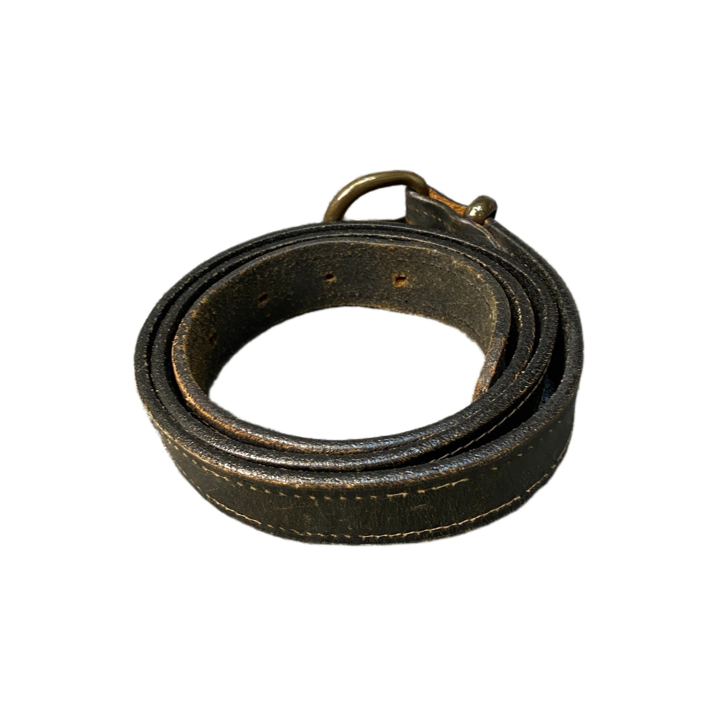 Vintage Waist Belt Mens Black Leather Adjustable Brass D-Shape Buckle 45 Inches