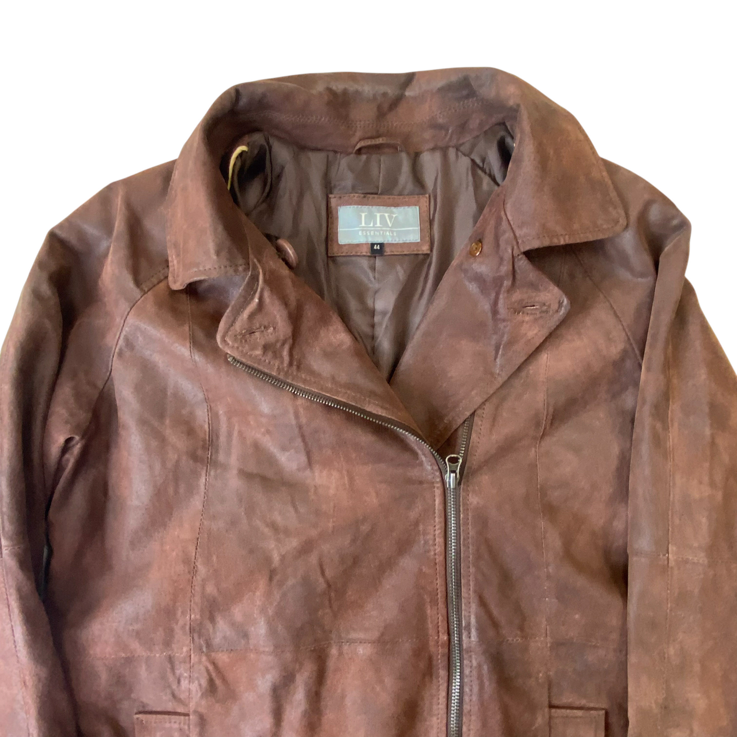 LIV Essentials Faux Leather Jacket Womens M Brown Notch Lapel Asymmetrical Zip
