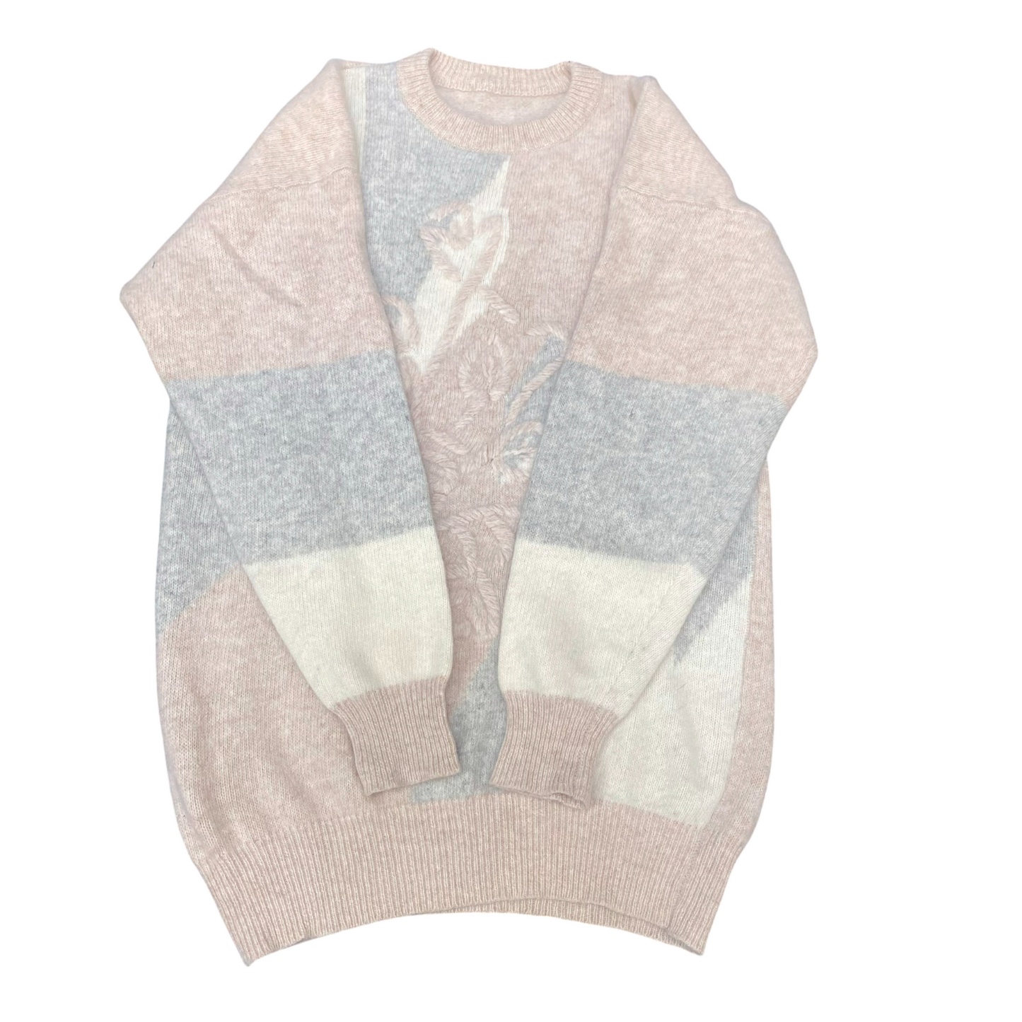 Jumper Womens Medium Pink Grey Embroidered Floral Warm Winter Crew Neck Pullover