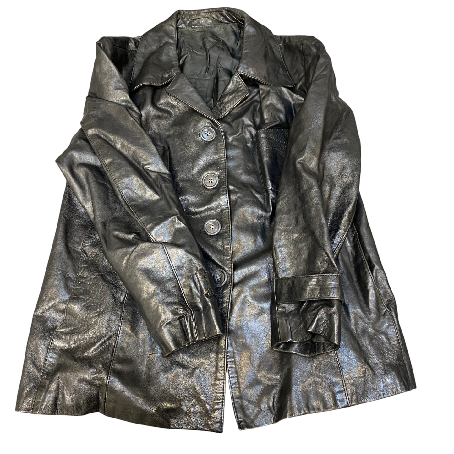 Women Leather Blazer Jacket Medium Black Long Sleeve Notch Lapel Single Breasted