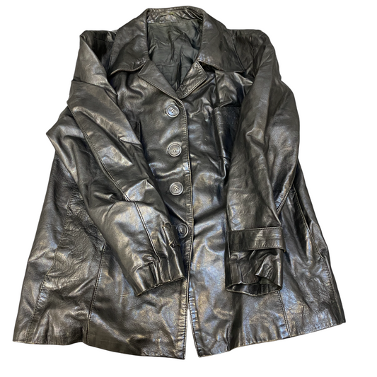 Women Leather Blazer Jacket Medium Black Long Sleeve Notch Lapel Single Breasted