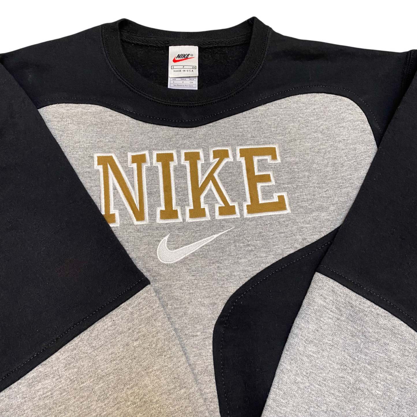 Nike Reworked Sweatshirt Mens Small Black Grey Embroidered Spellout Logo Y2K