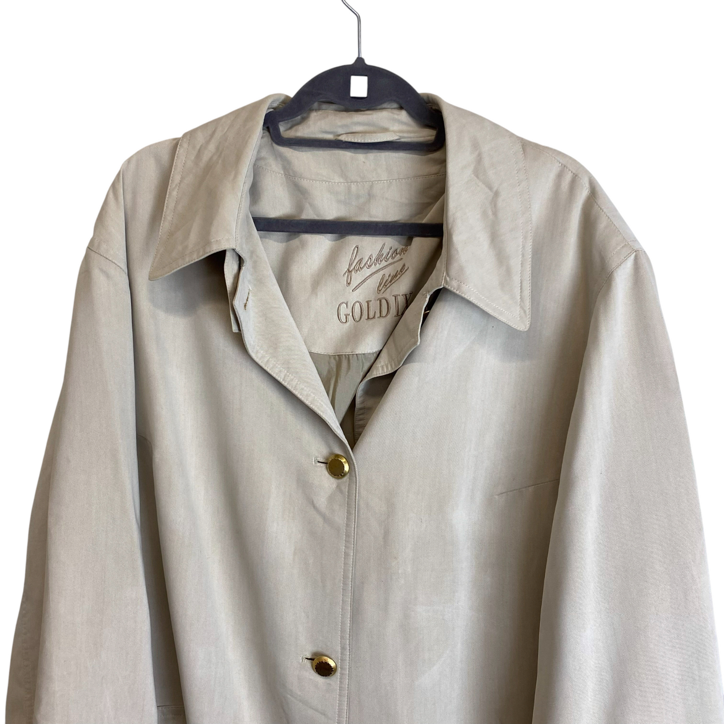 Trench Coat Womens XL Cream Pockets Long Sleeve Collared Golden Buttons Outdoor