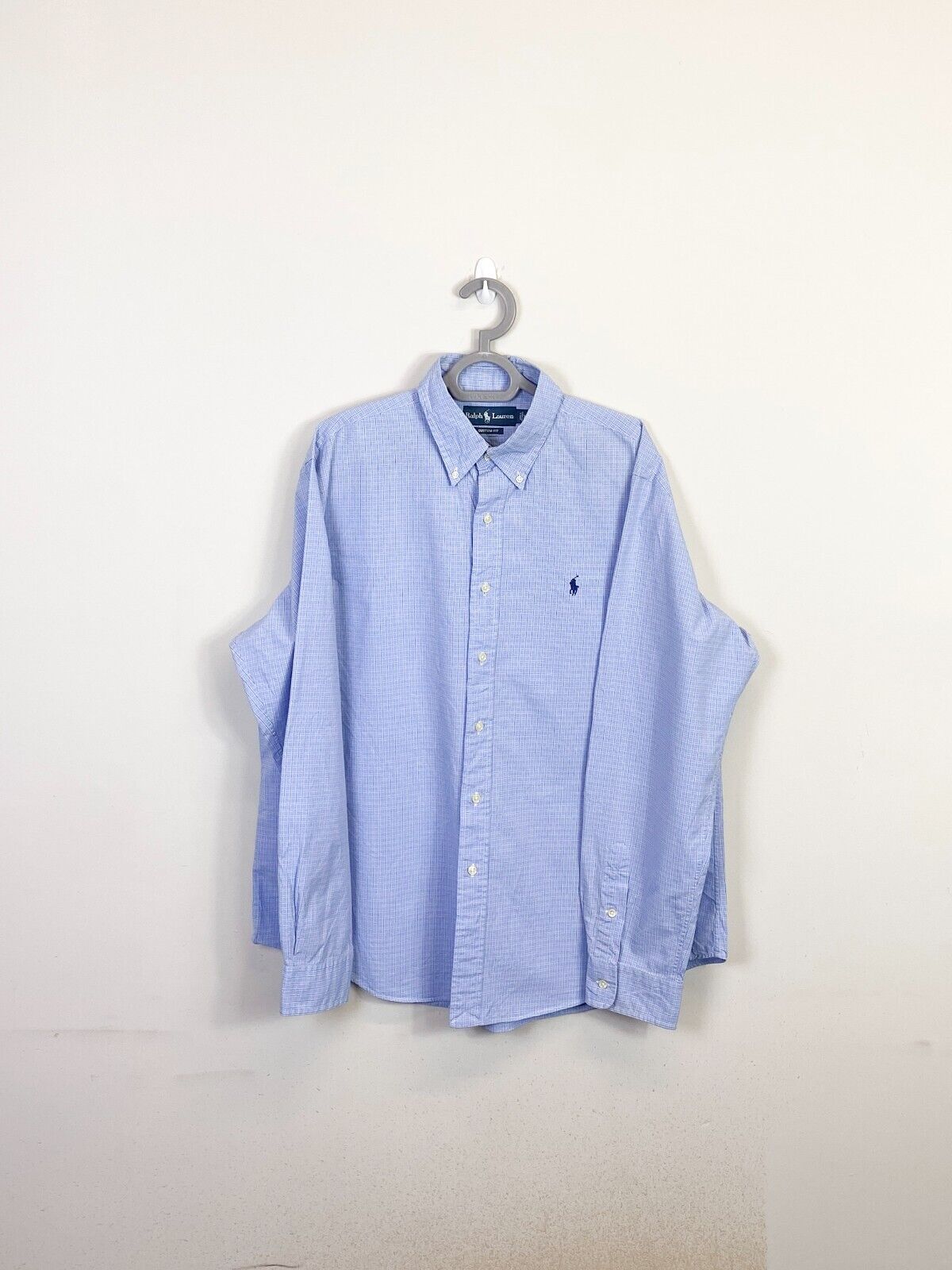 Ralph Lauren Shirt Mens XL Blue Checkered Custom Fit Small Blue Polo Pony Logo