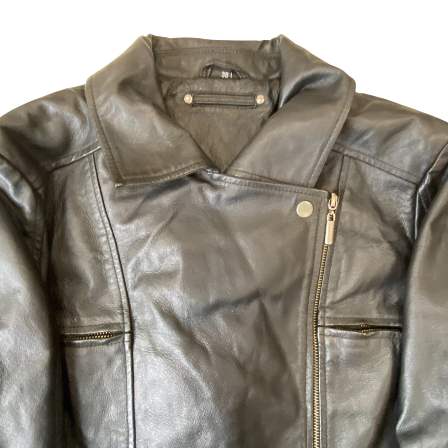 Womens Leather Jacket Medium Black Lined Long Sleeve Collared Asymmetrical Zip