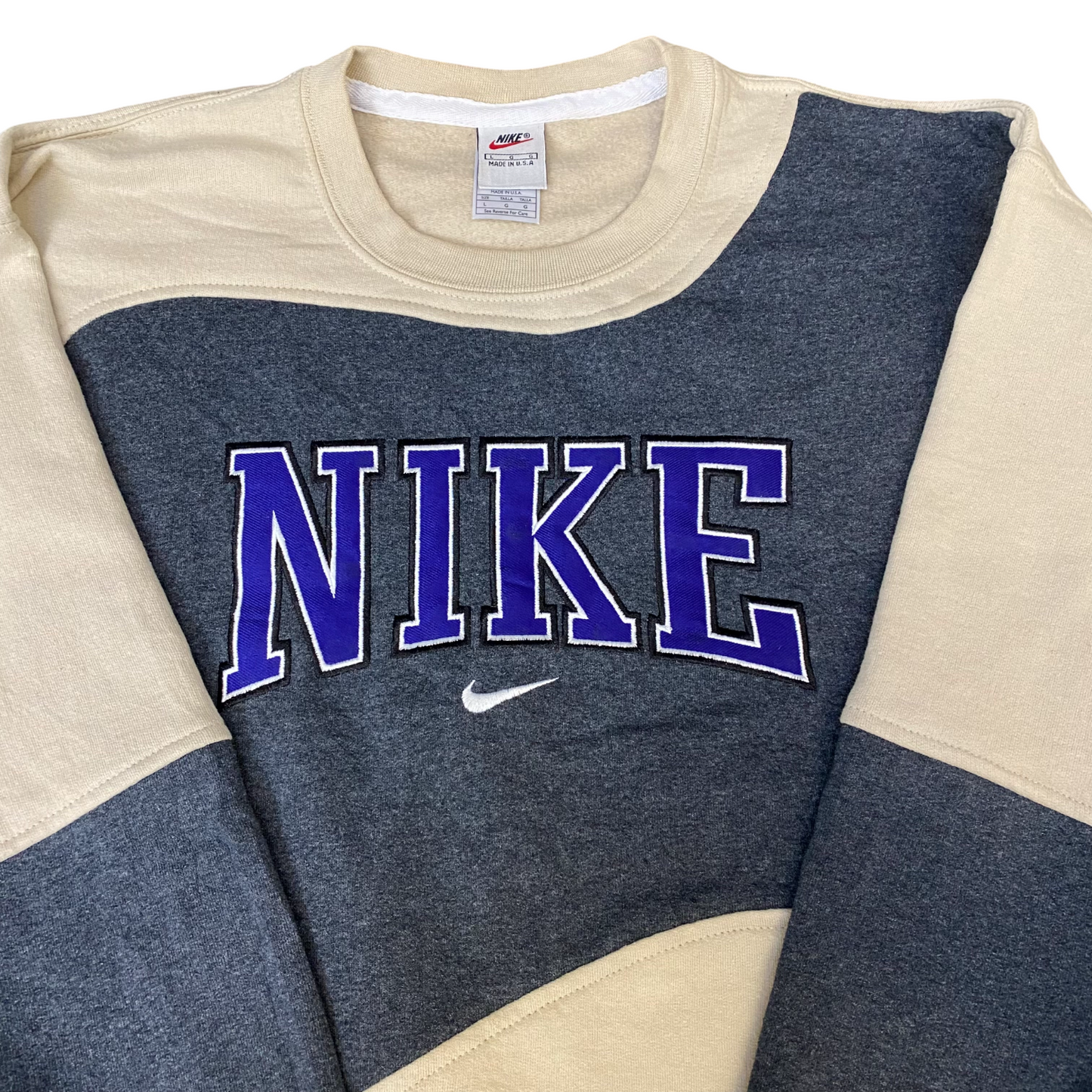 Nike Reworked Sweatshirt Mens Large Cream Grey Embroidered Spellout Logo Vtg Y2K