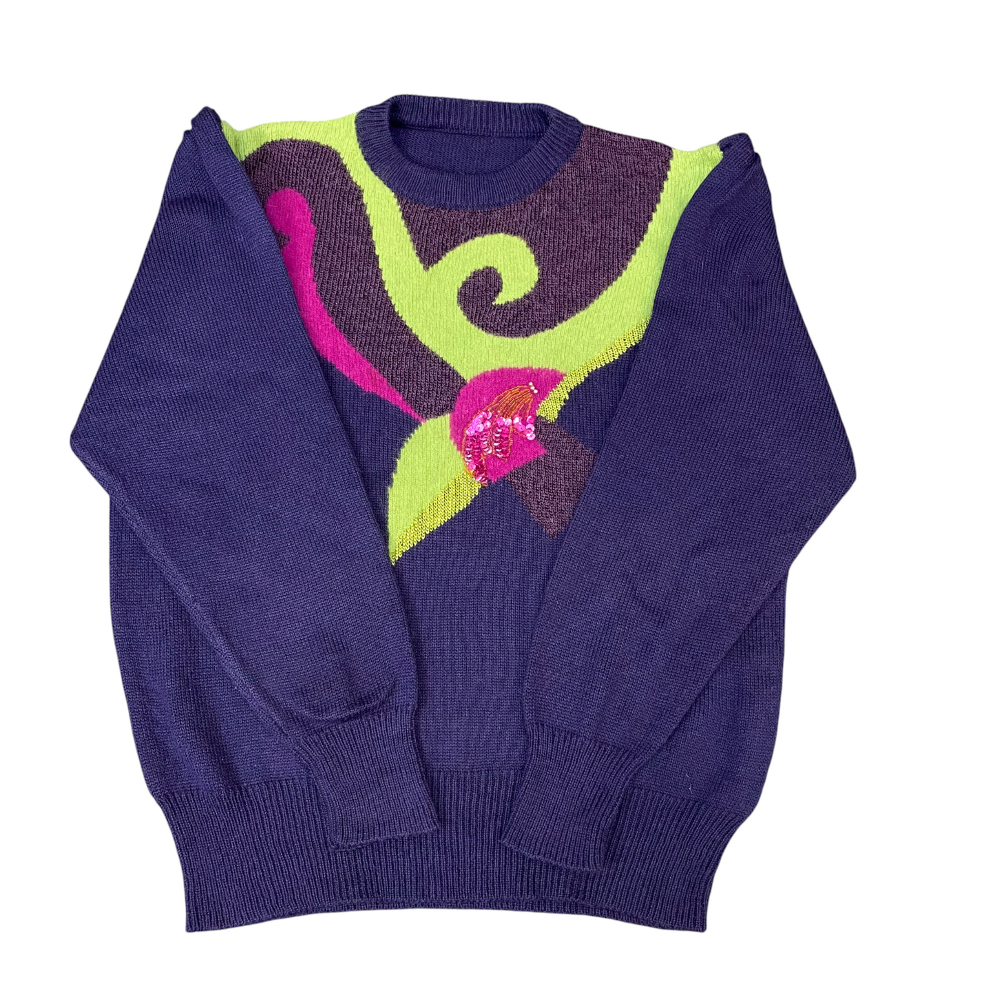 Jumper Womens Large Blue Knitted Floral Sequins Long Sleeve Crew Neck Pullover