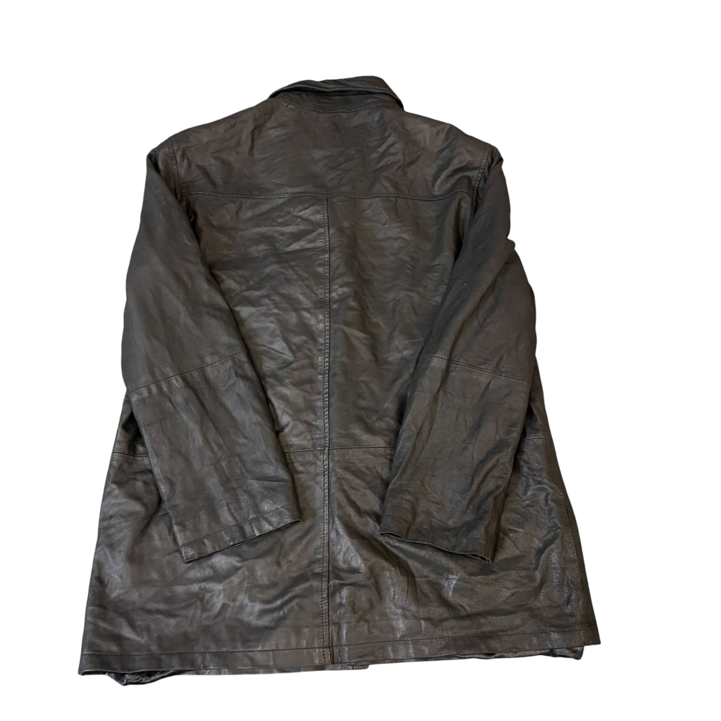 Mens Faux Leather Jacket Large Black Lined Mid Length Long Sleeve Collared