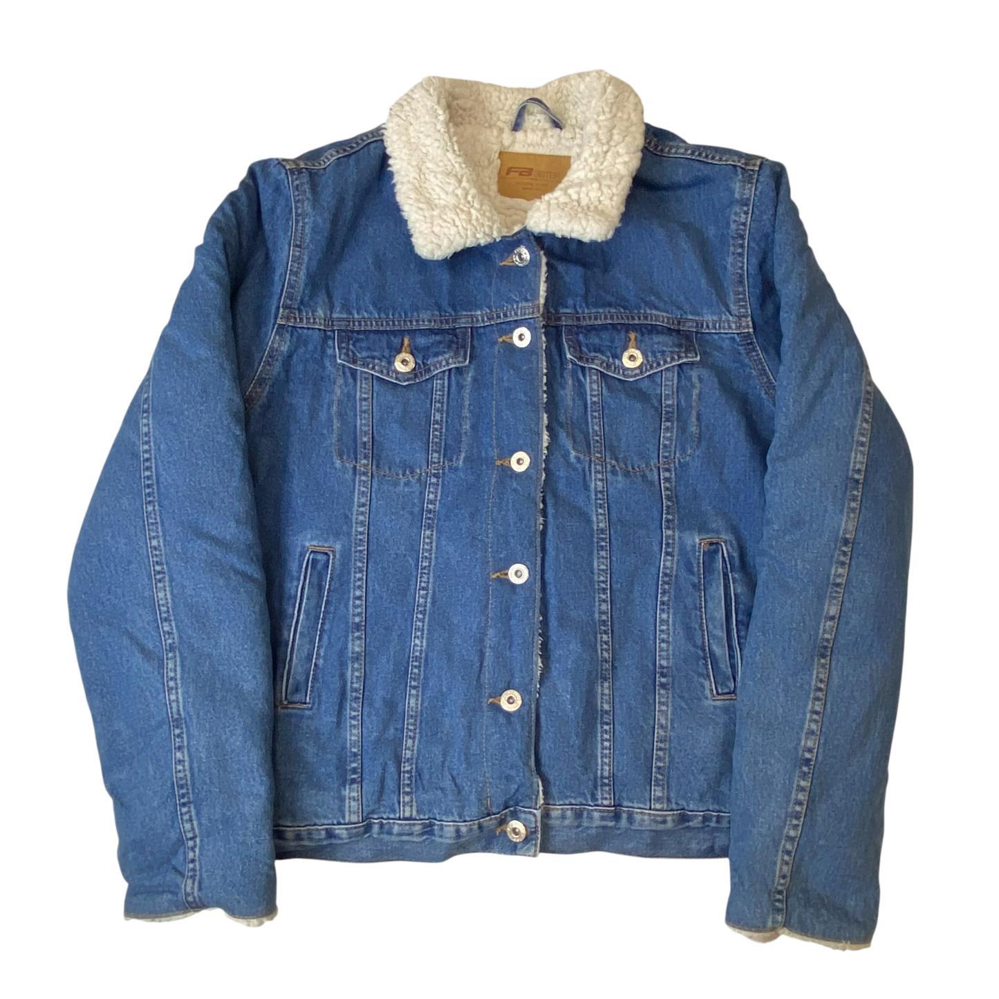FB Sister Jean Jacket Womens Large Blue Denim Sherpa Lined Collared Button Front
