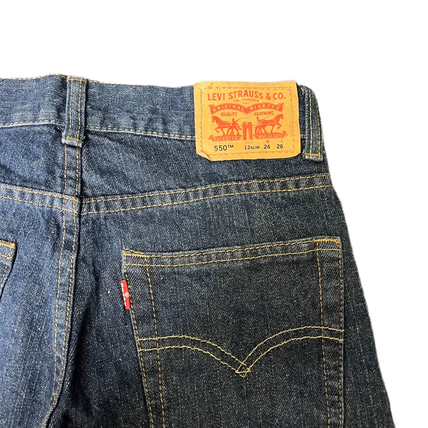 Levi's 550 Jean Shorts Fits as Womens Small 26" Waist Blue Denim Red Tab Raw Hem