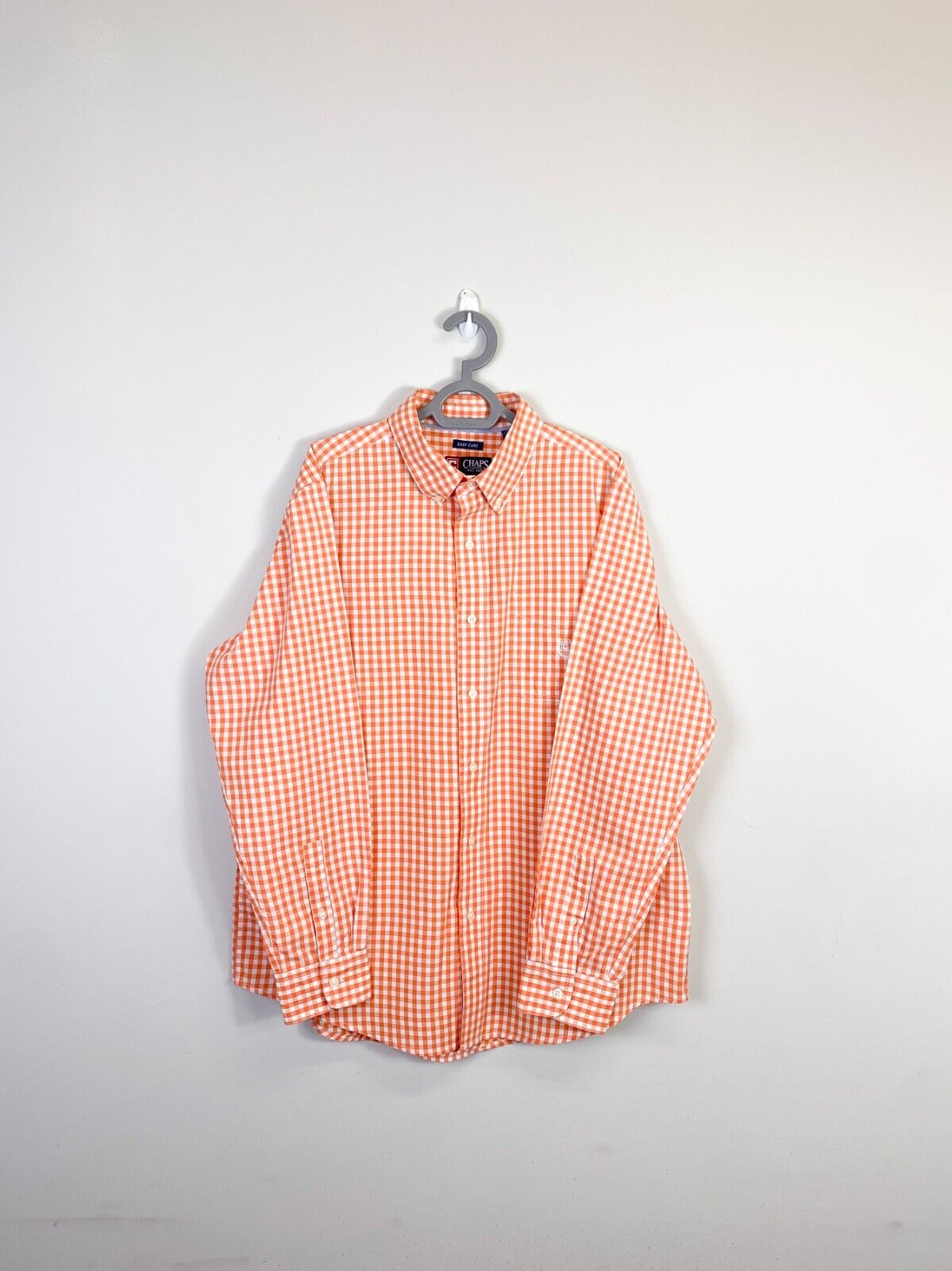 Chaps Shirt Mens L Orange Checkered Cotton Easy Care Collared Casual Button Down