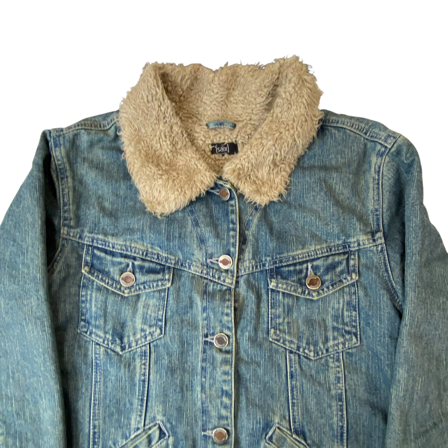 Saix Trucker Jacket Womens Small Blue Faux Shearling Lined Collared Button Front