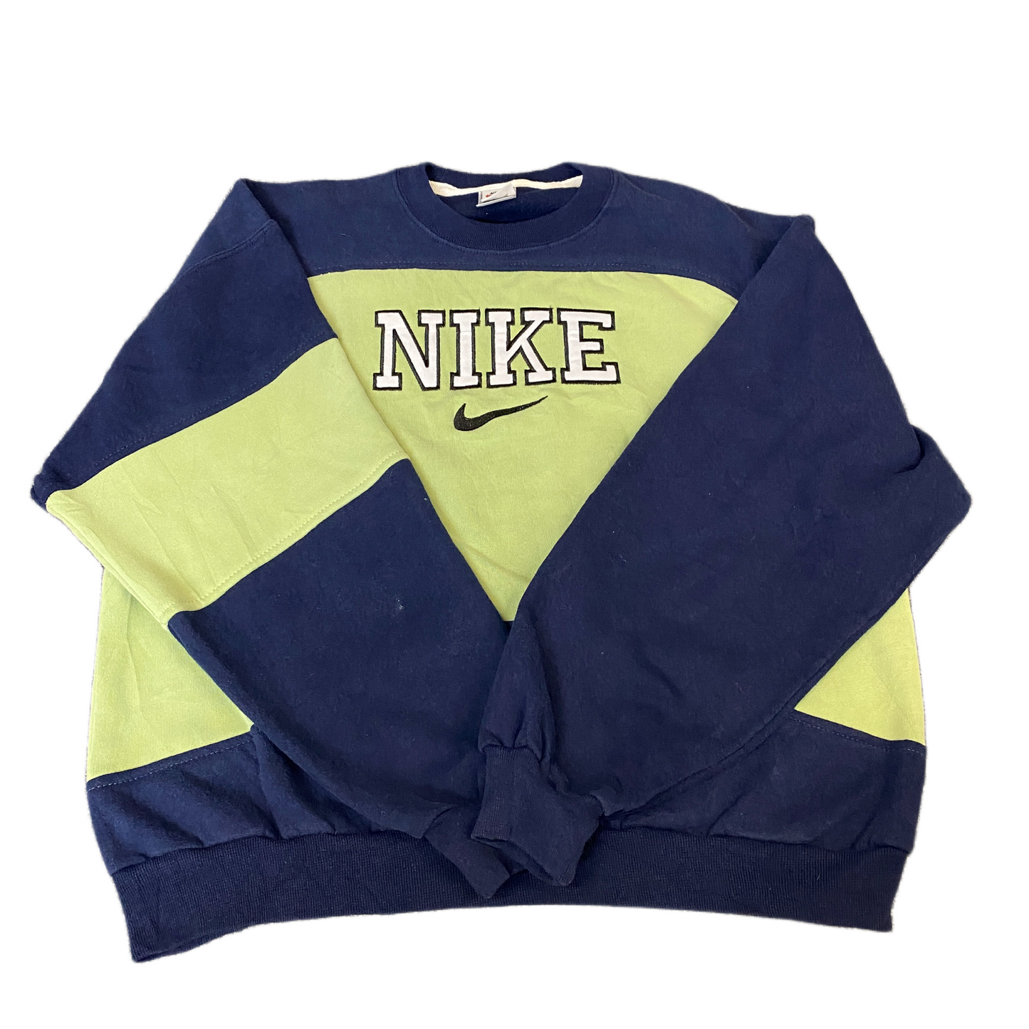 Nike Reworked Sweatshirt Mens L Green Navy Embroidered Spellout Logo Vintage Y2K