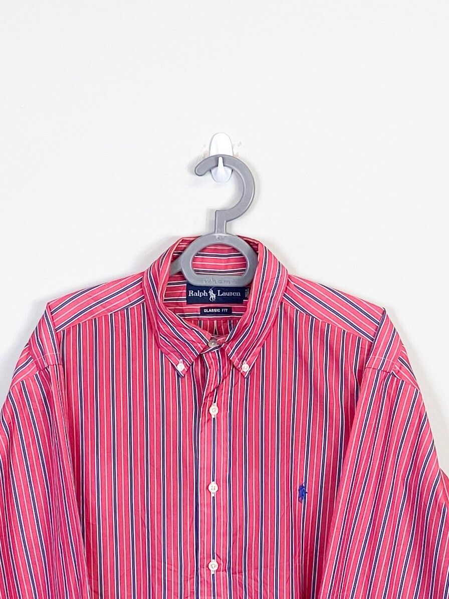 Ralph Lauren Dress Shirt Men L Pink Stripe Classic Fit Small Blue Polo Pony Logo