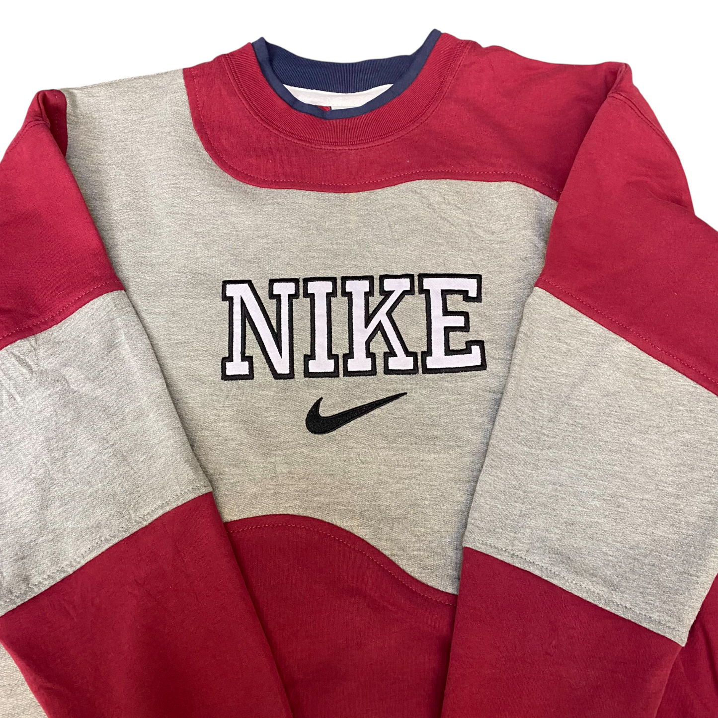 Nike Reworked Sweatshirt Mens M Red Grey Embroidered Spellout Logo Vintage Y2K