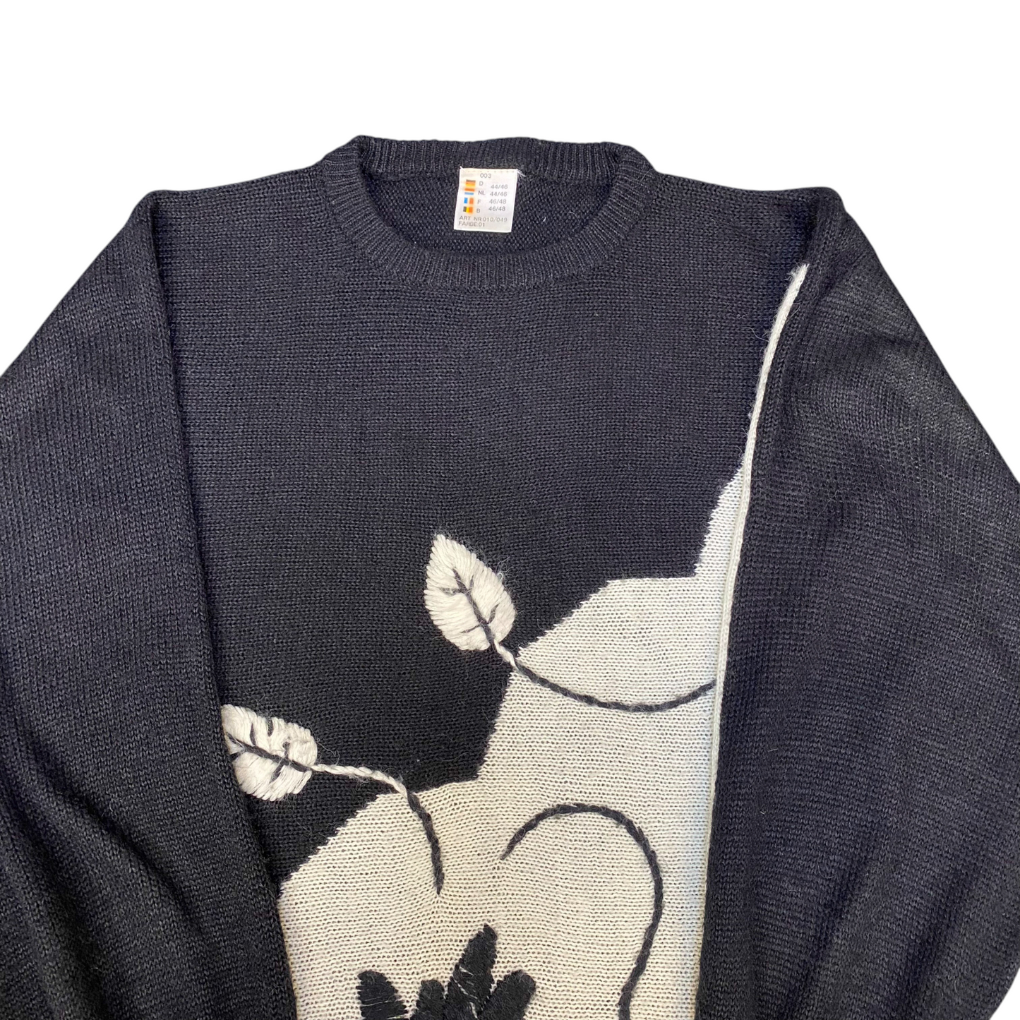 Jumper Womens Large Black White Knit Floral Crew Neck Ribbed Cuff & Hem Pullover