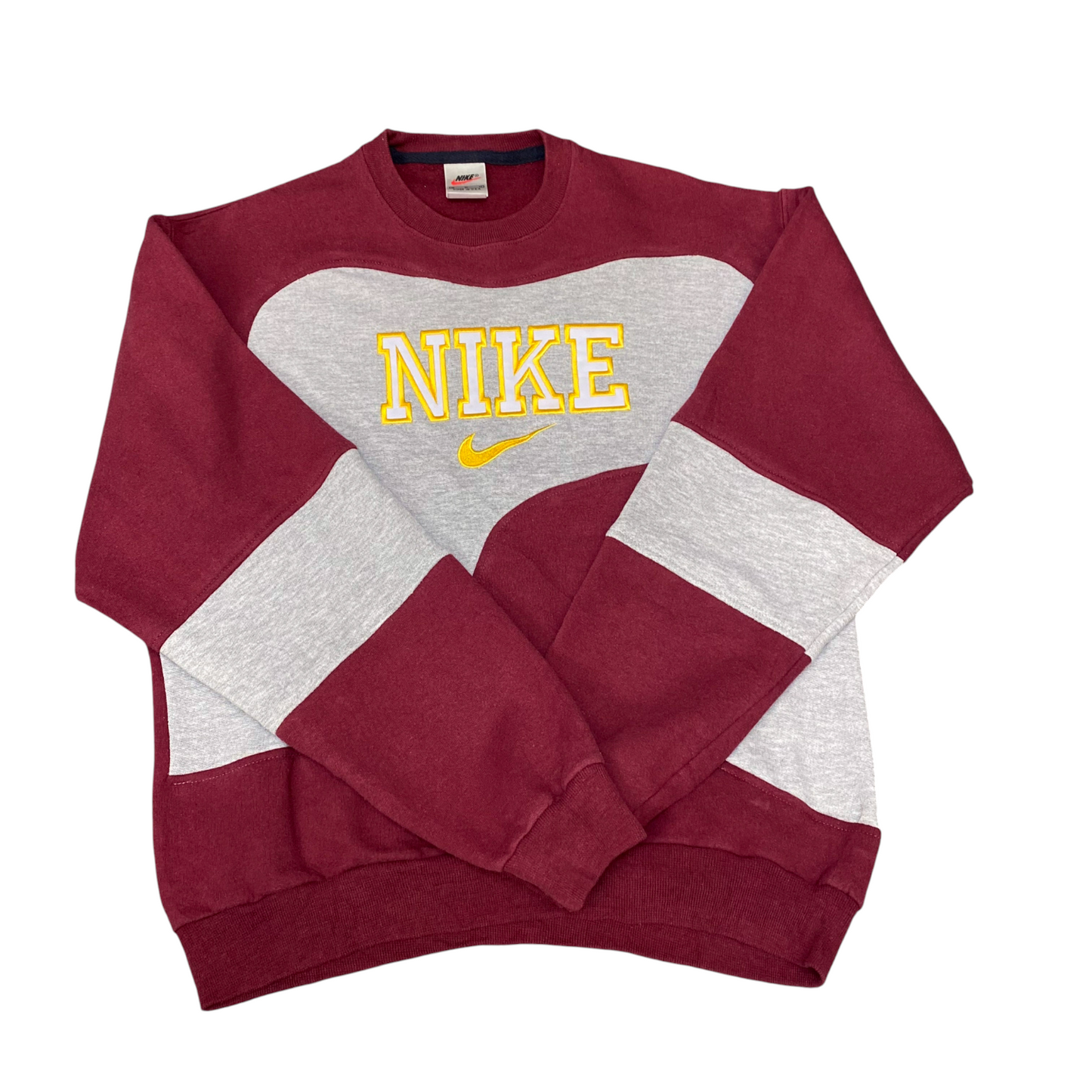 Nike Reworked Sweatshirt Mens M Grey Burgundy Embroidered Spellout Logo Vtg Y2K
