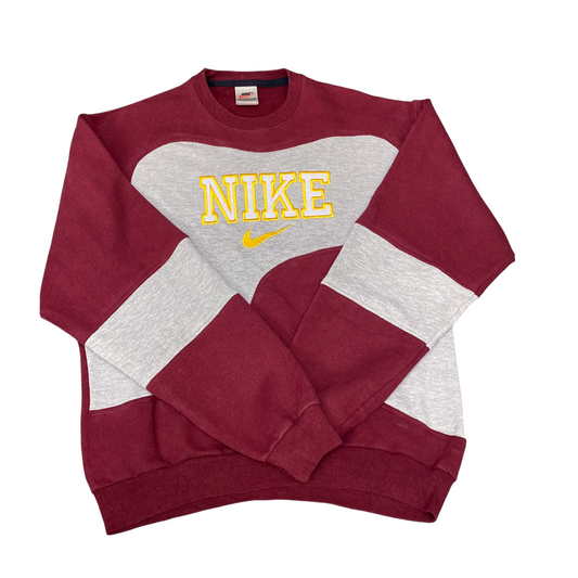 Nike Reworked Sweatshirt Mens M Grey Burgundy Embroidered Spellout Logo Vtg Y2K