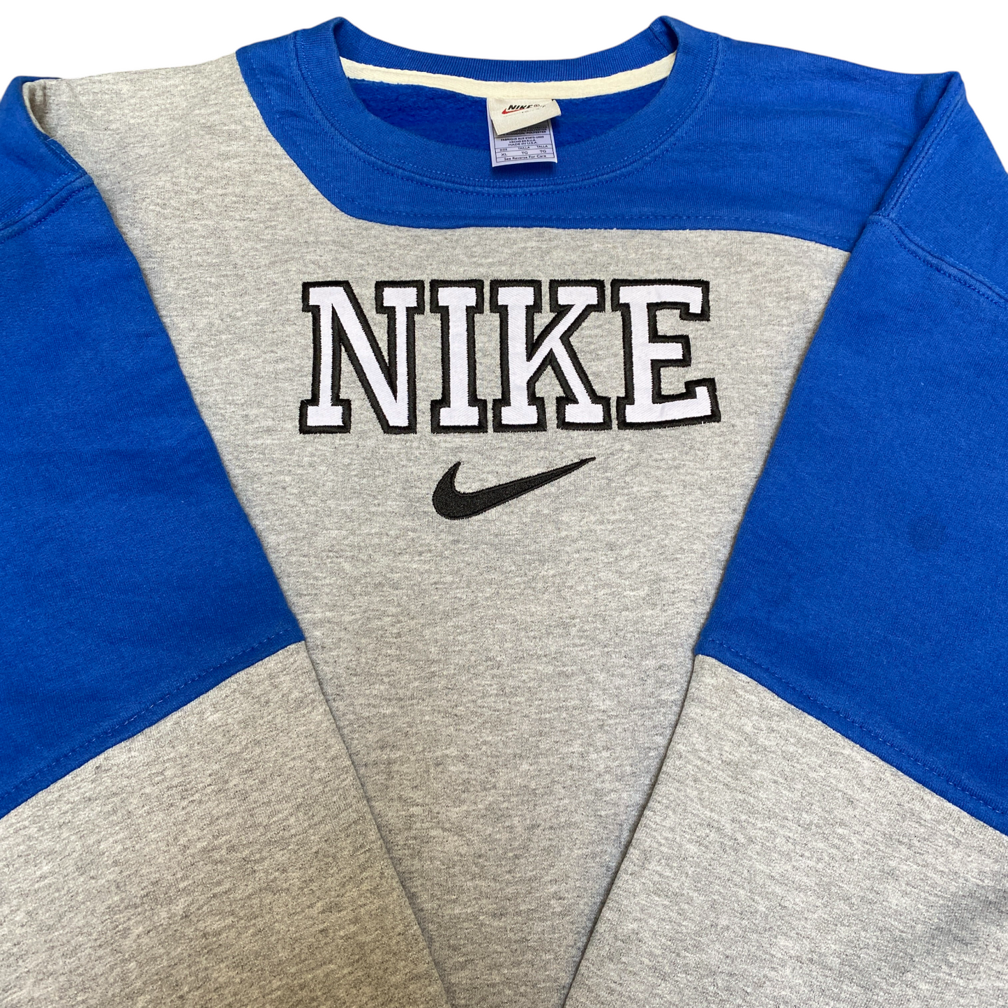 Nike Reworked Sweatshirt Mens XL Blue Grey Embroidered Spellout Logo Vintage Y2K