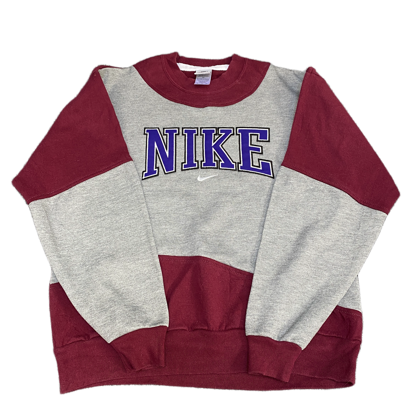 Nike Reworked Sweatshirt Mens M Grey Burgundy Embroidered Spellout Logo Vtg Y2K