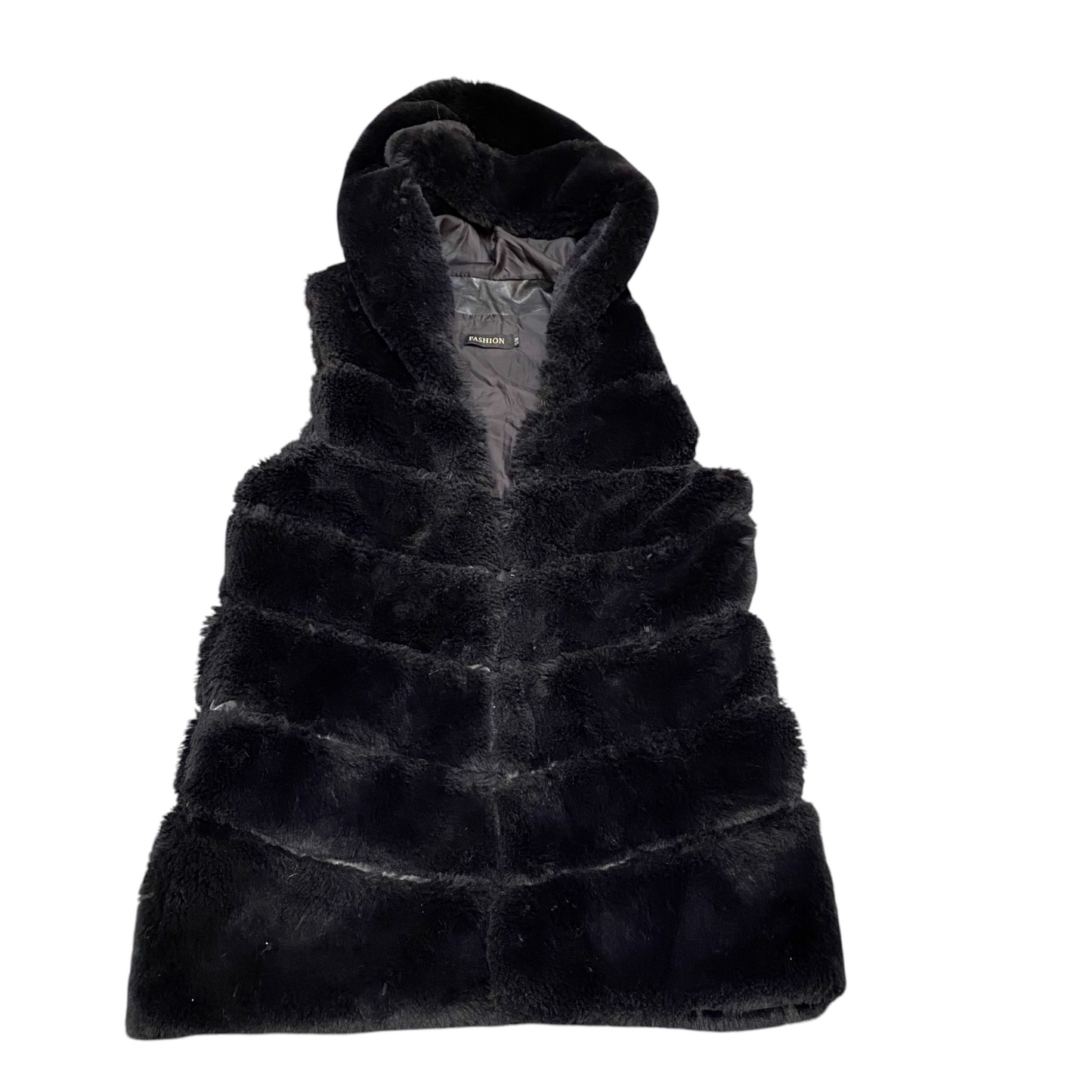 Fashion Faux Fur Vest Womens S/M Black Satin Lined Lightweight Sleeveless Hooded