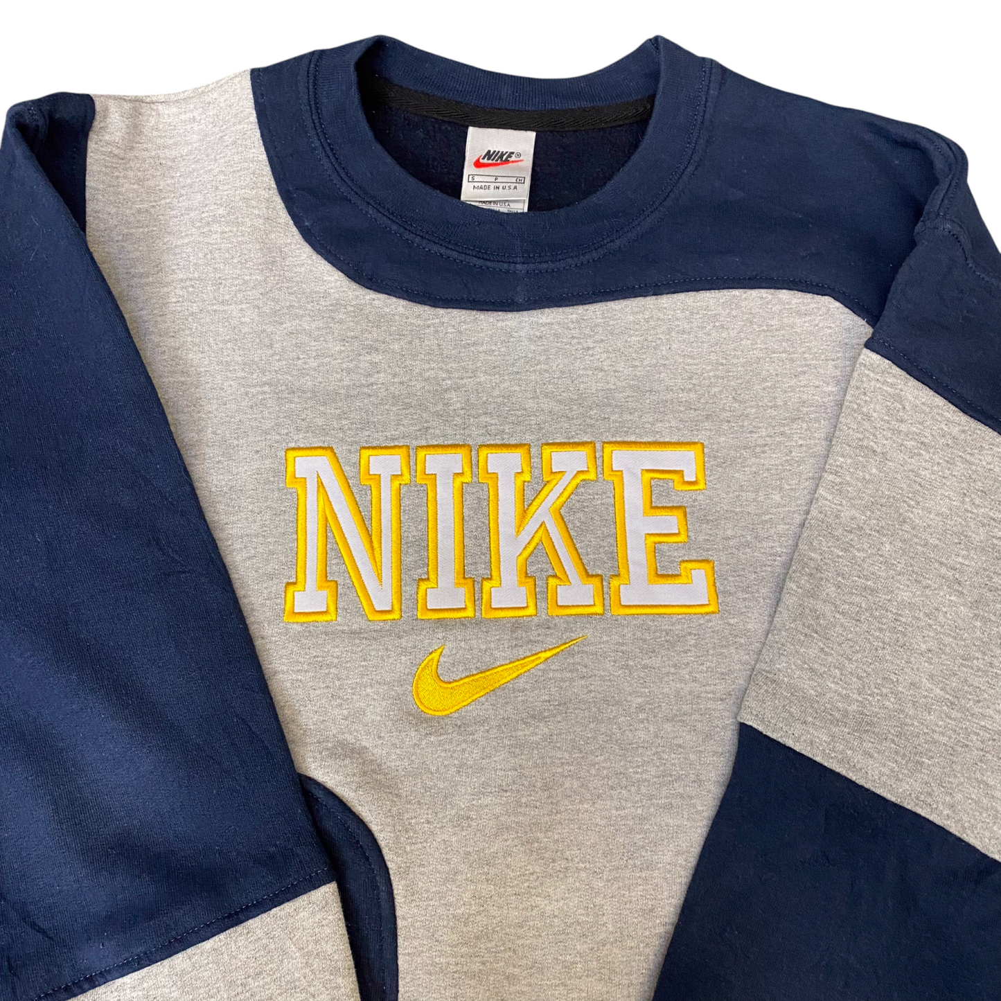 Nike Reworked Sweatshirt Mens S Blue Grey Embroidered Spellout Logo Vintage Y2K