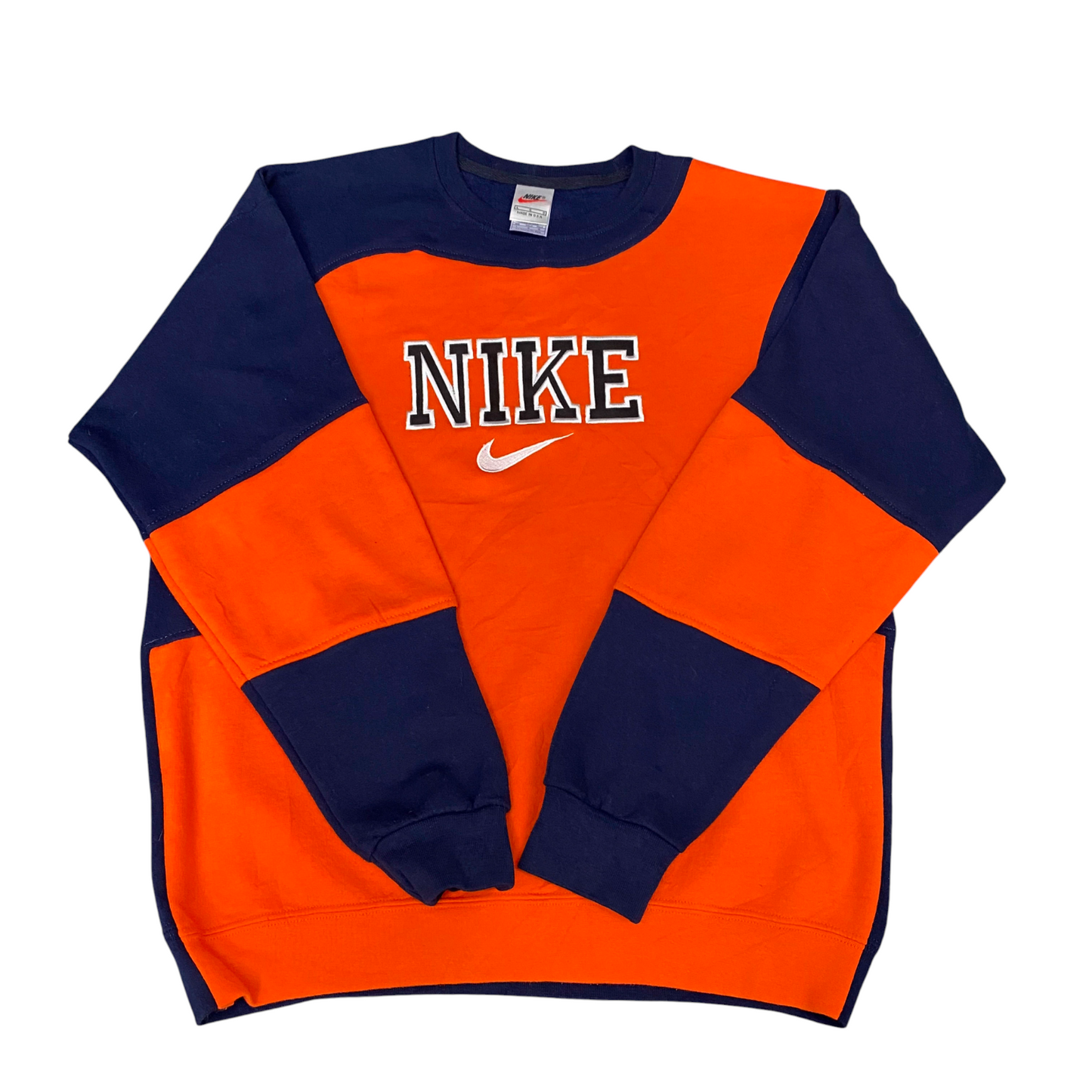 Nike Reworked Sweatshirt Men L Orange Navy Embroidered Spellout Logo Vintage Y2K